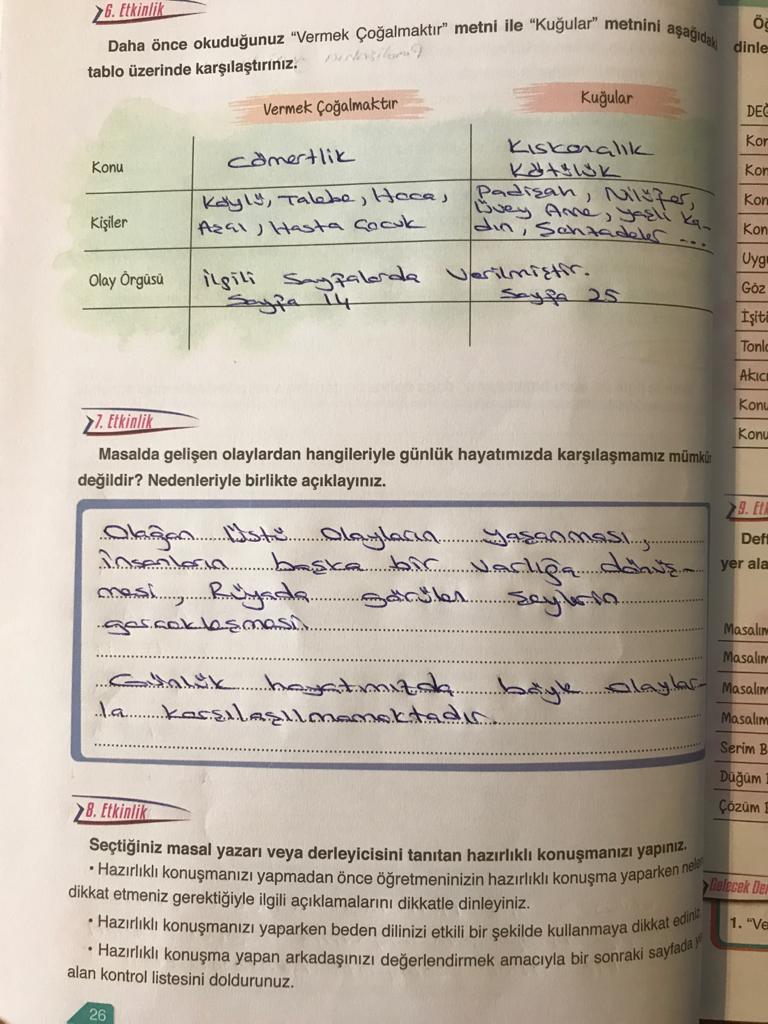 6.sınıf türkçe ata yayıncılık sayfa 26 cevapları
