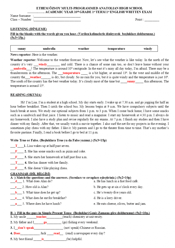 10. sınıf ingilizce 1. dönem 1. yazılı soruları
