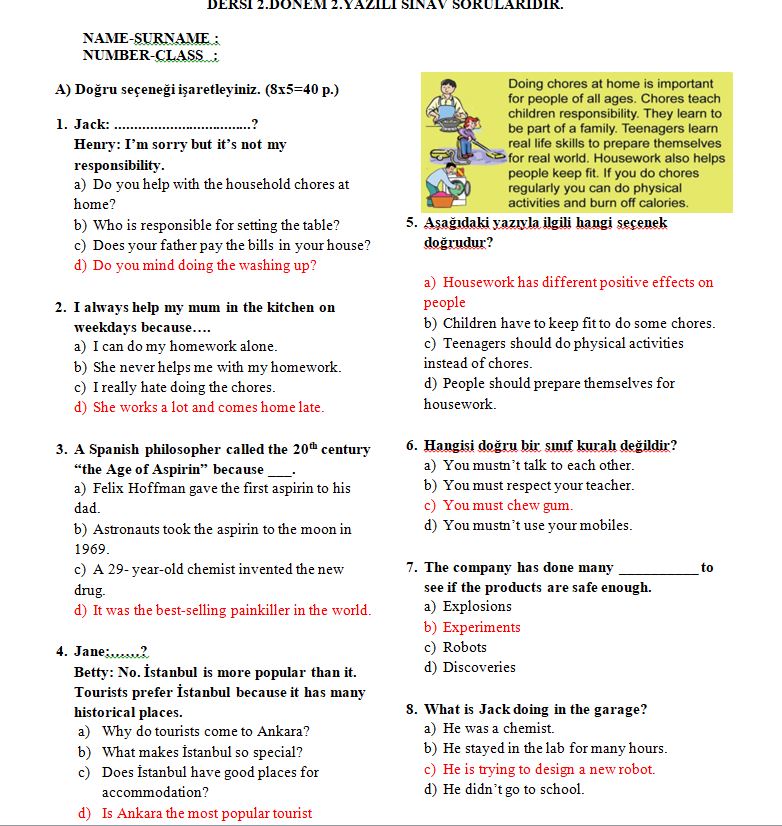 8. sınıf ingilizce 2. dönem 2. yazılı soruları ve cevapları