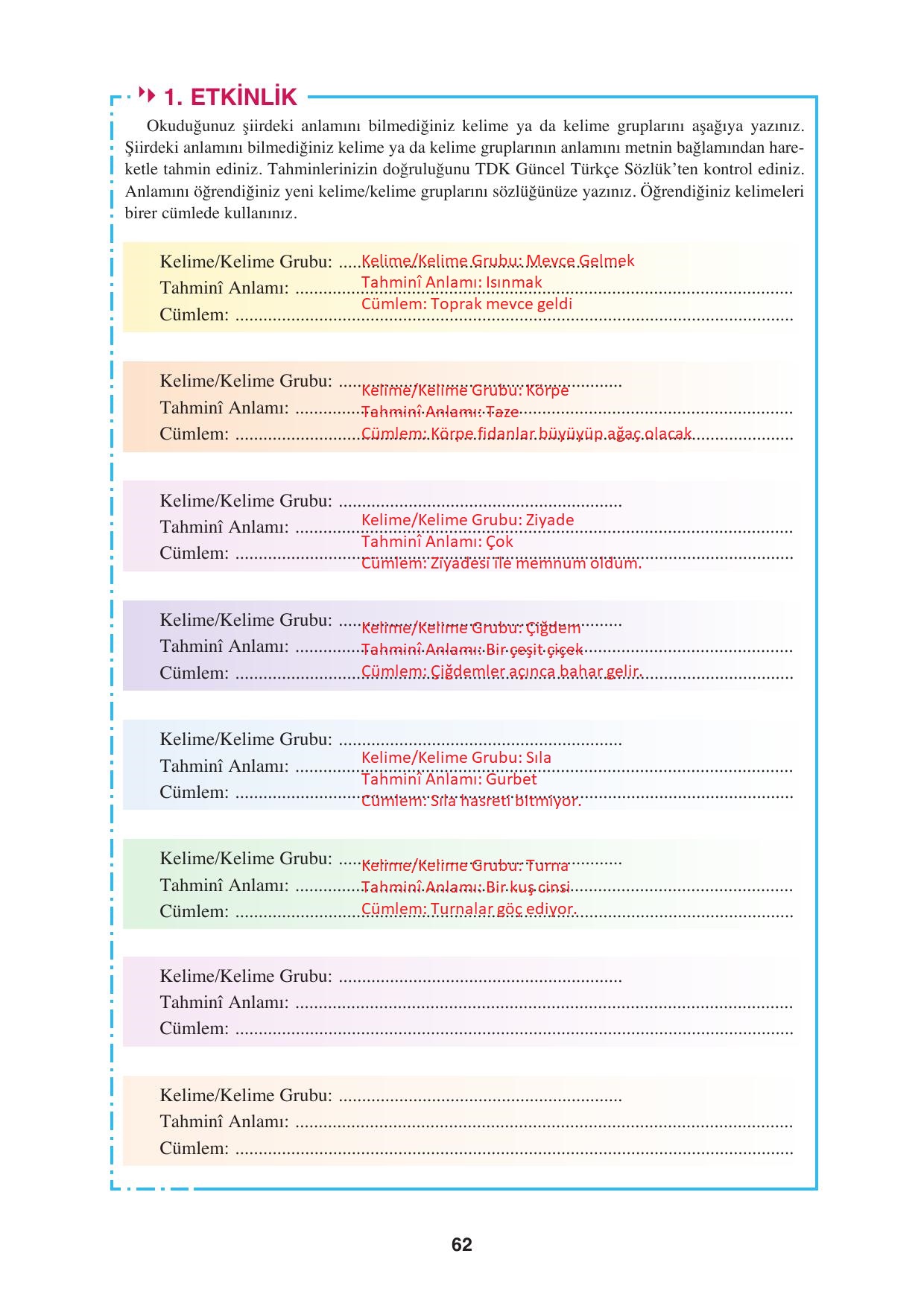 8. Sınıf Hecce Yayıncılık Türkçe Ders Kitabı Sayfa 62 Cevapları
