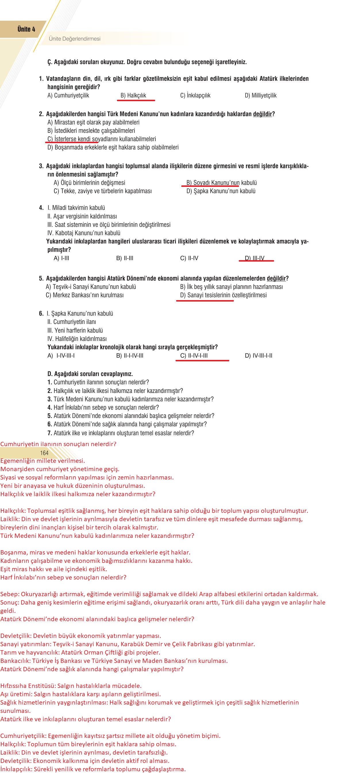 8. Sınıf Semih Ofset Sek Yayınları İnkılap Ders Kitabı Sayfa 164 Cevapları