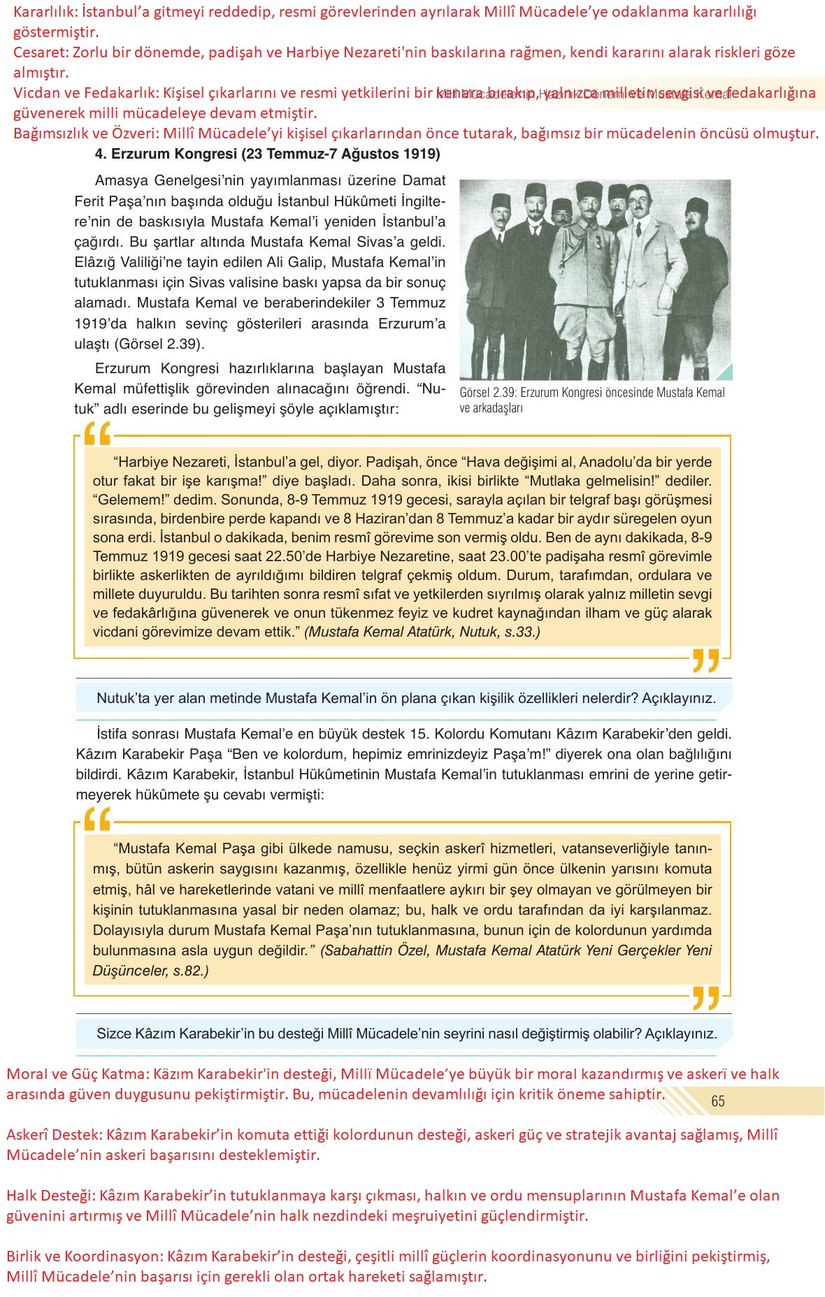 8. Sınıf Semih Ofset Sek Yayınları İnkılap Ders Kitabı Sayfa 65 Cevapları