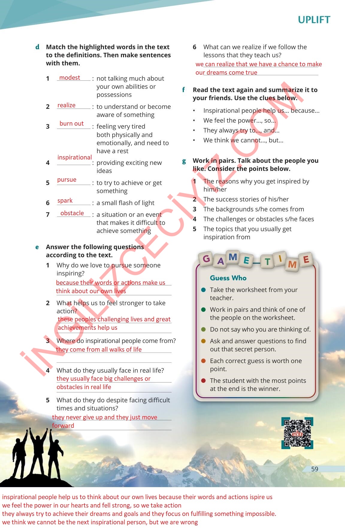 9. Sınıf Uplift Meb Yayınları İngilizce Ders Kitabı Sayfa 59 Cevapları