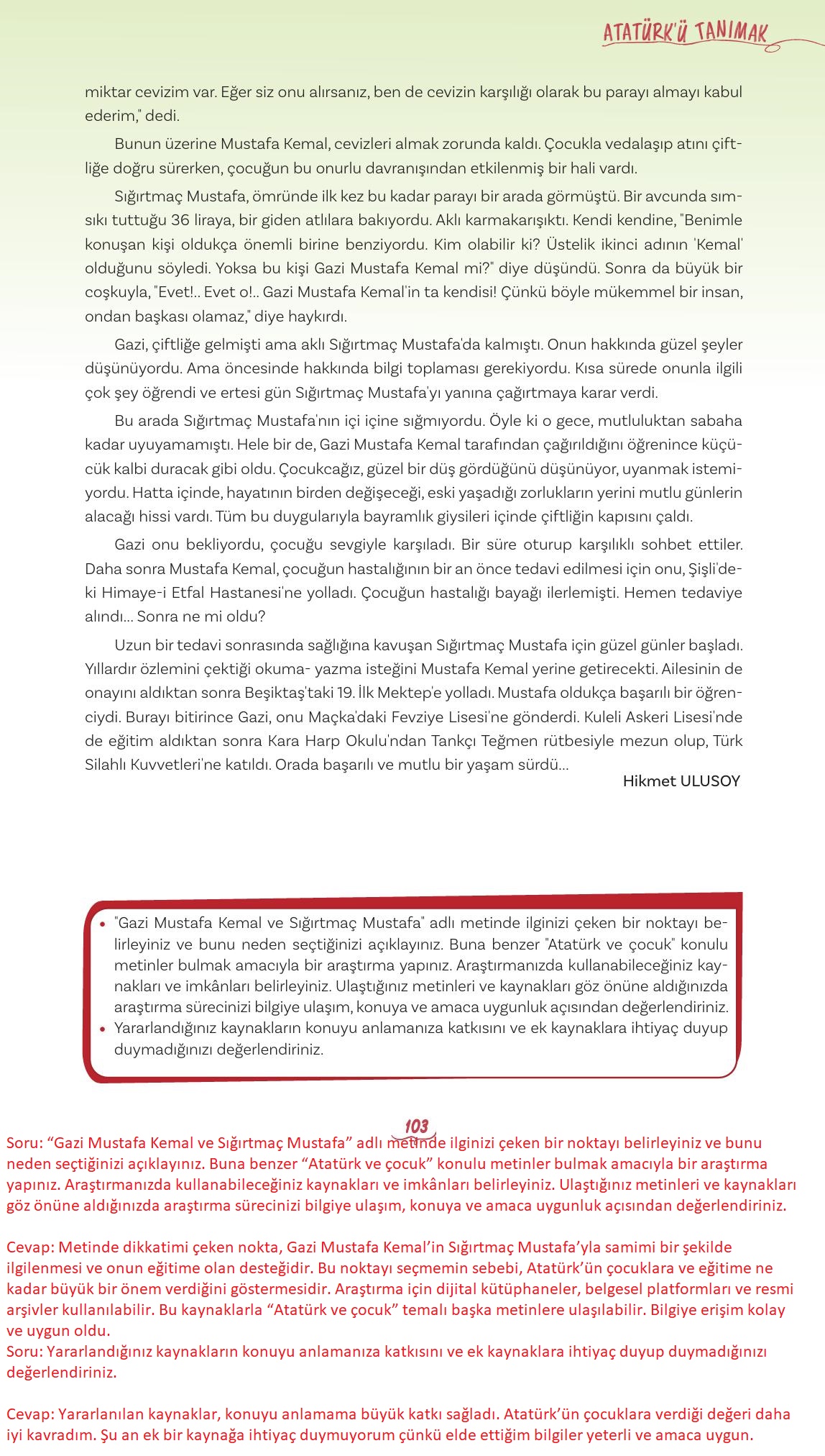 5. Sınıf Meb Yayınları Türkçe 1. Kitap Ders Kitabı Sayfa 103 Cevapları