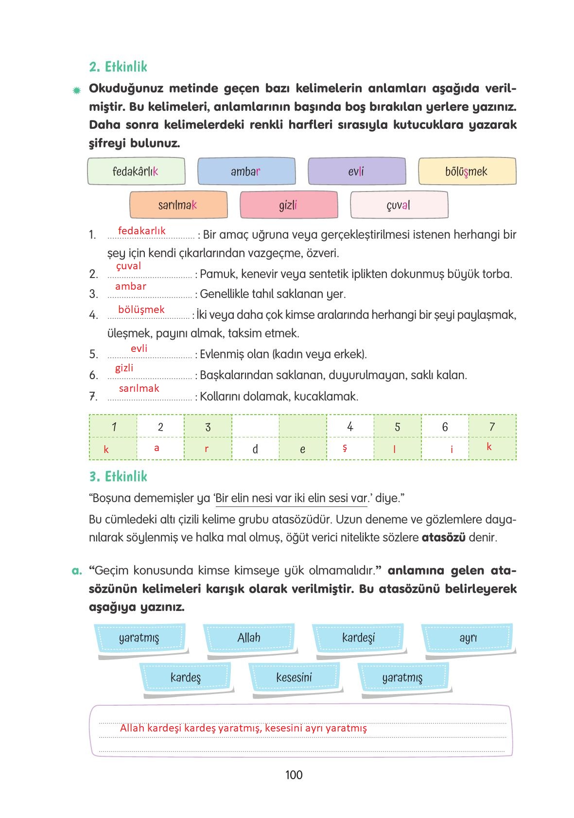 4. Sınıf Tuna Yayınları Türkçe Ders Kitabı Sayfa 100 Cevapları