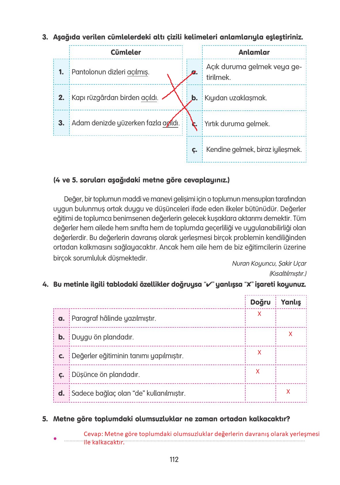 4. Sınıf Tuna Yayınları Türkçe Ders Kitabı Sayfa 112 Cevapları