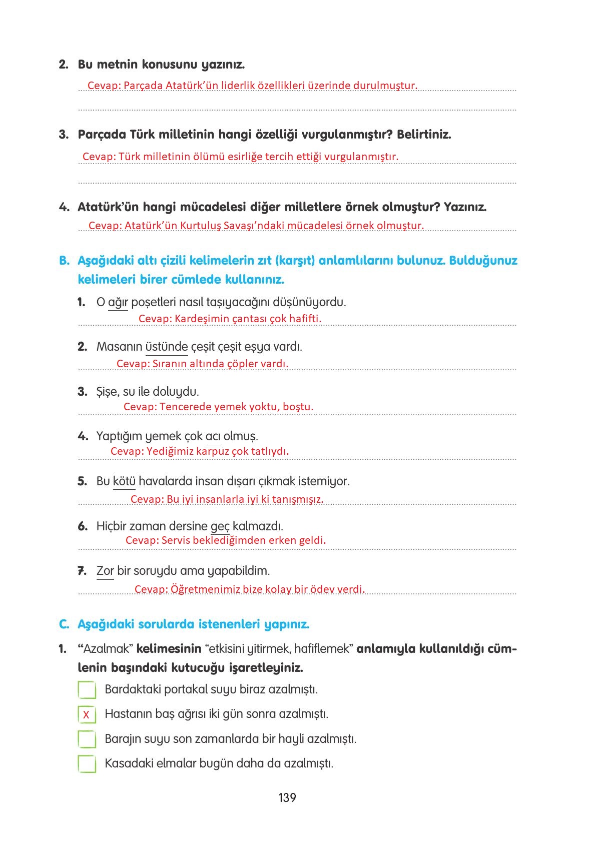 4. Sınıf Tuna Yayınları Türkçe Ders Kitabı Sayfa 139 Cevapları