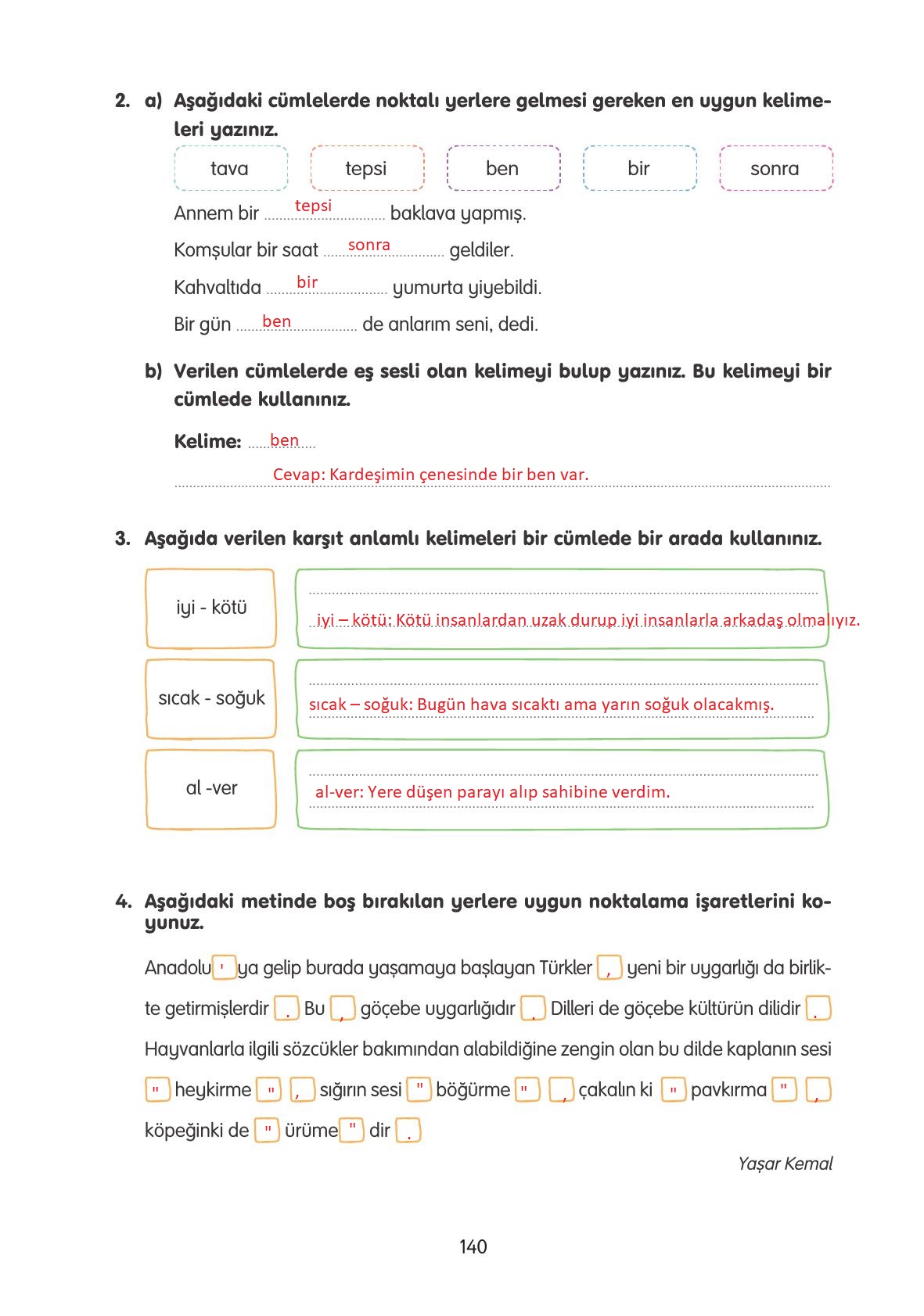 4. Sınıf Tuna Yayınları Türkçe Ders Kitabı Sayfa 140 Cevapları