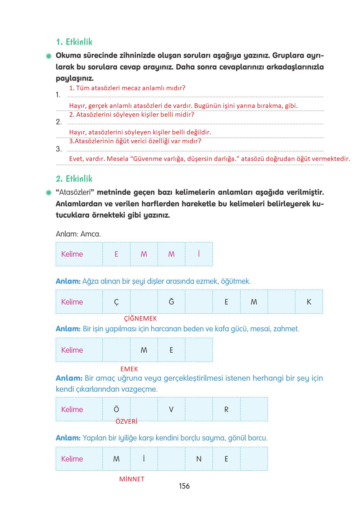 4. Sınıf Tuna Yayınları Türkçe Ders Kitabı Sayfa 156 Cevapları