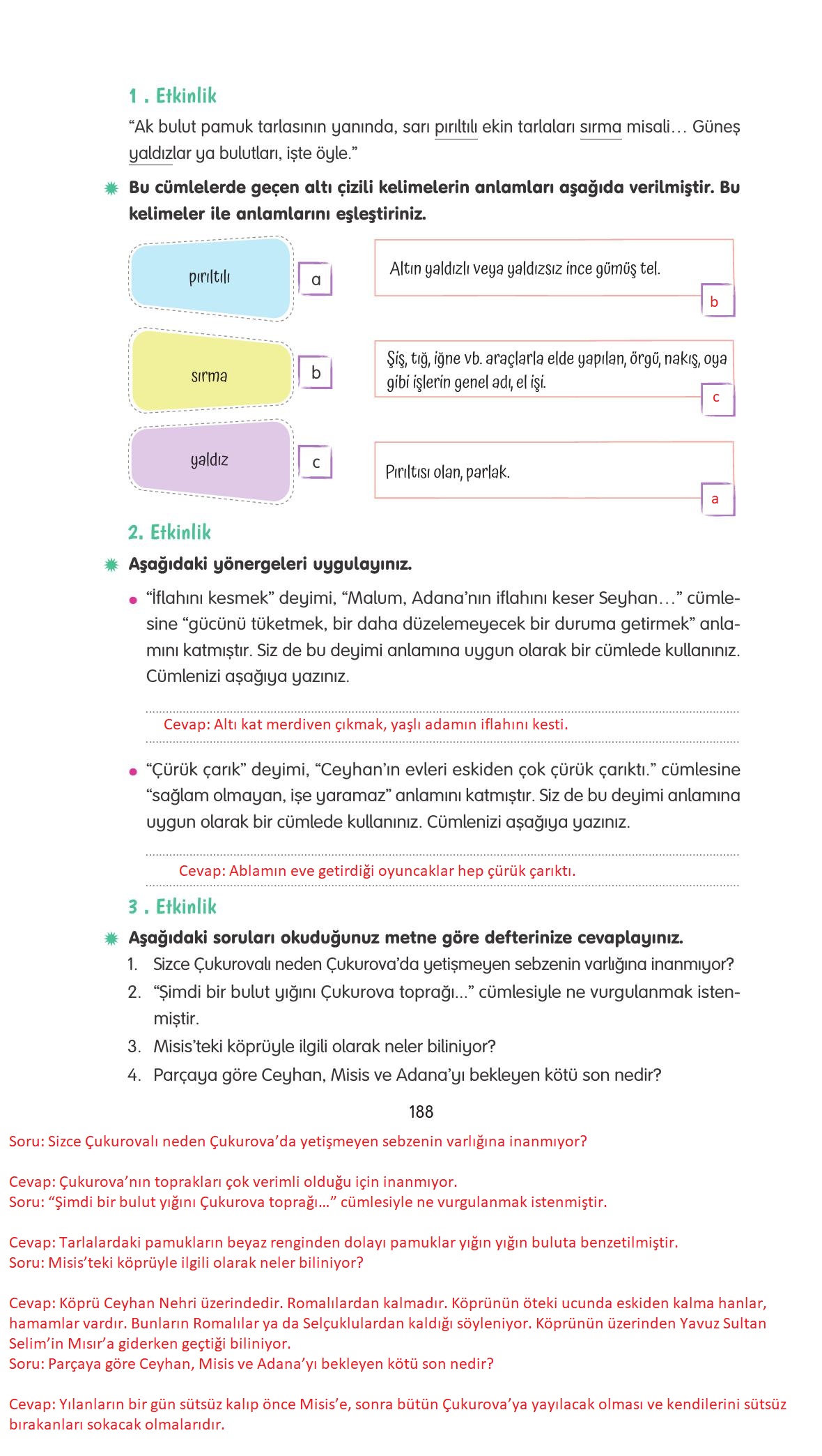 4. Sınıf Tuna Yayınları Türkçe Ders Kitabı Sayfa 188 Cevapları