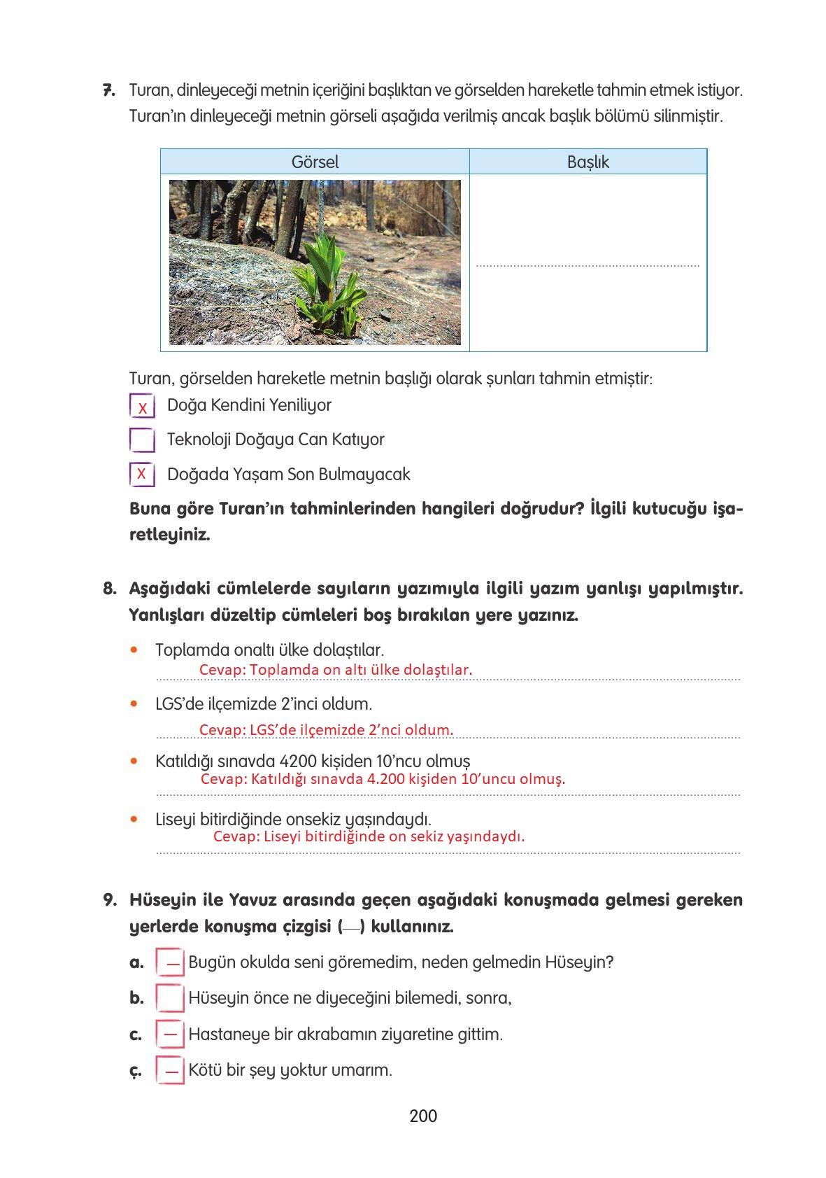 4. Sınıf Tuna Yayınları Türkçe Ders Kitabı Sayfa 200 Cevapları