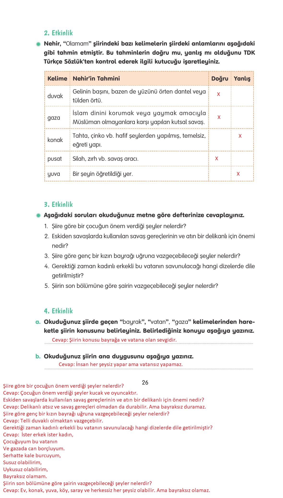 4. Sınıf Tuna Yayınları Türkçe Ders Kitabı Sayfa 26 Cevapları