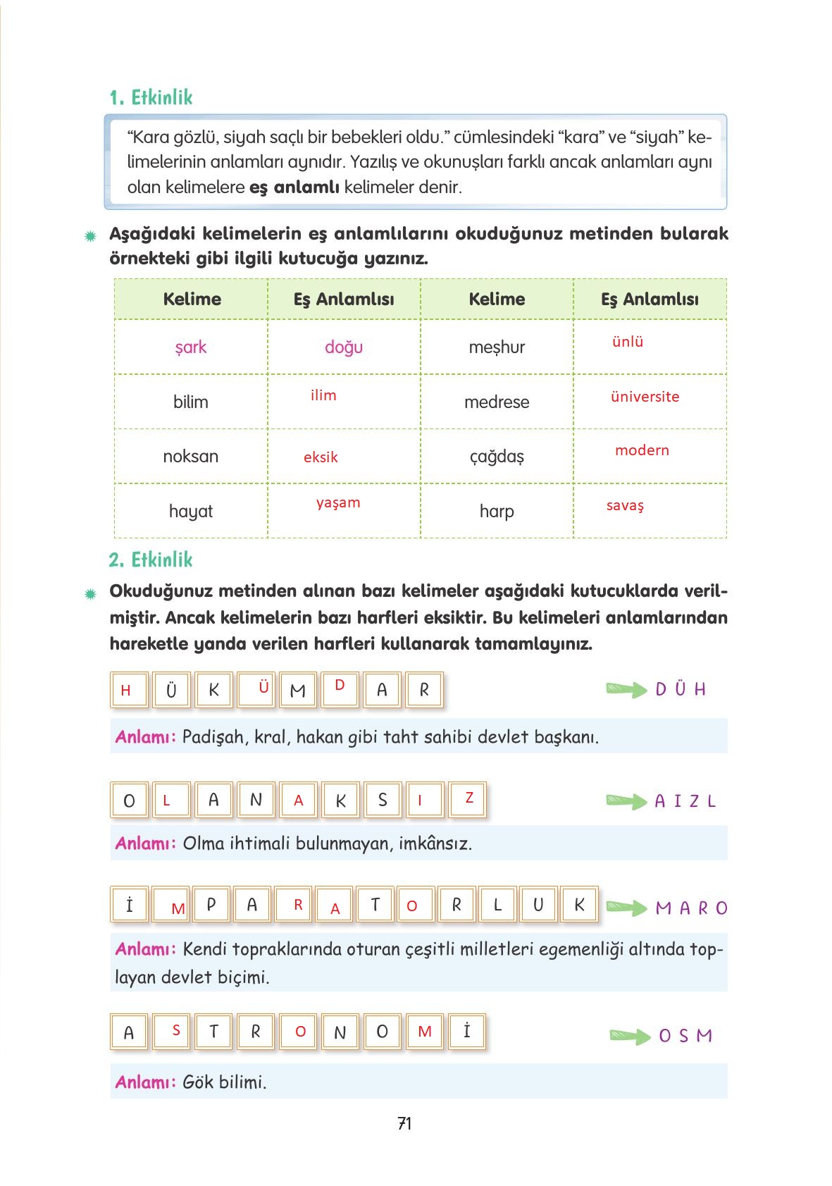 4. Sınıf Tuna Yayınları Türkçe Ders Kitabı Sayfa 71 Cevapları