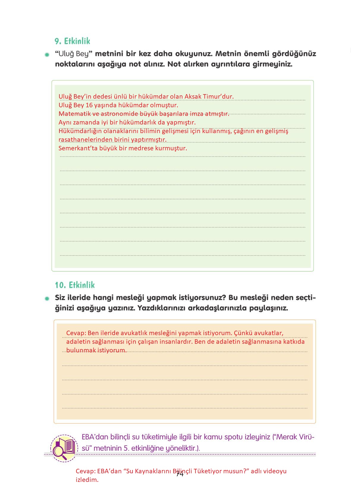 4. Sınıf Tuna Yayınları Türkçe Ders Kitabı Sayfa 74 Cevapları