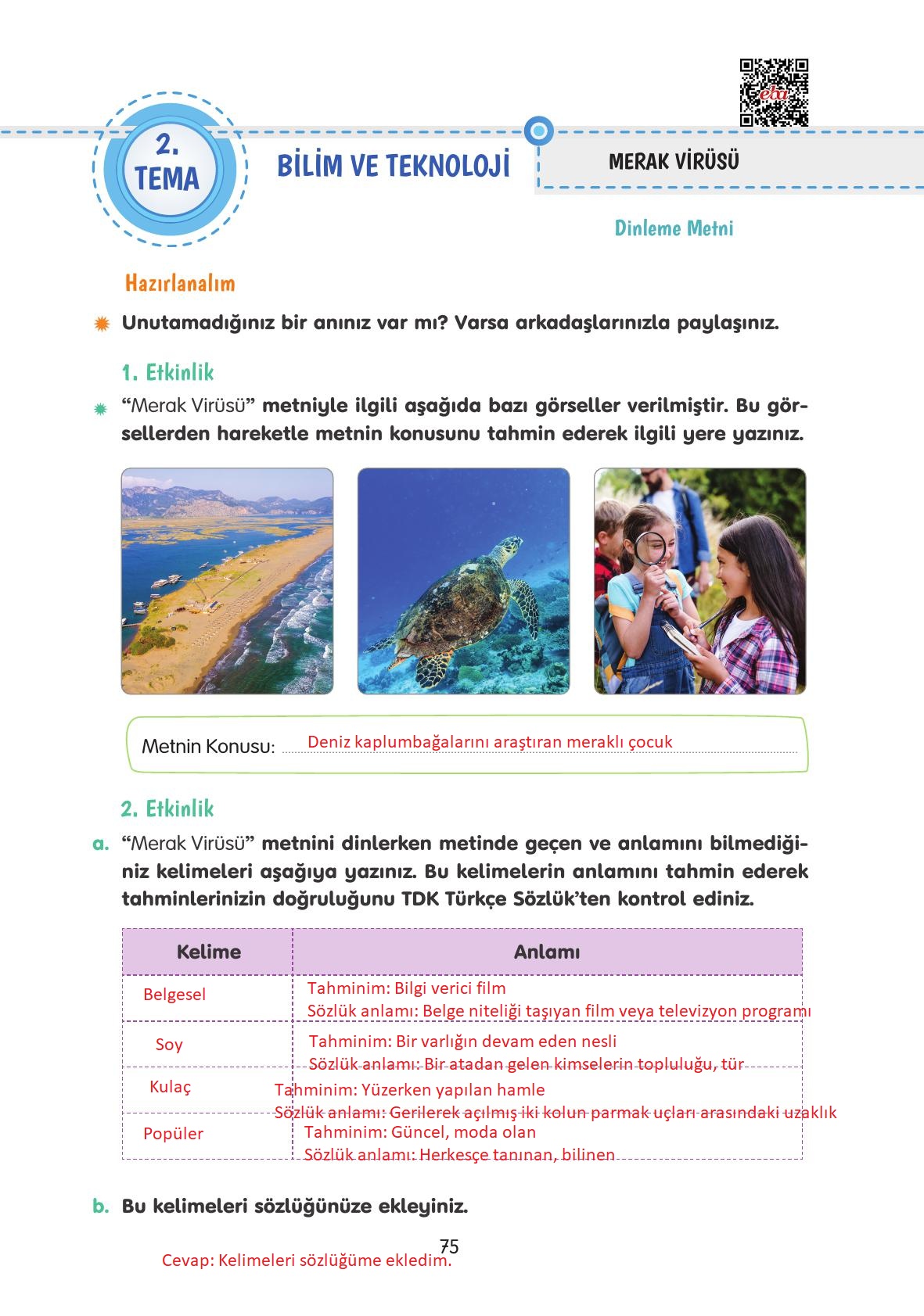 4. Sınıf Tuna Yayınları Türkçe Ders Kitabı Sayfa 75 Cevapları