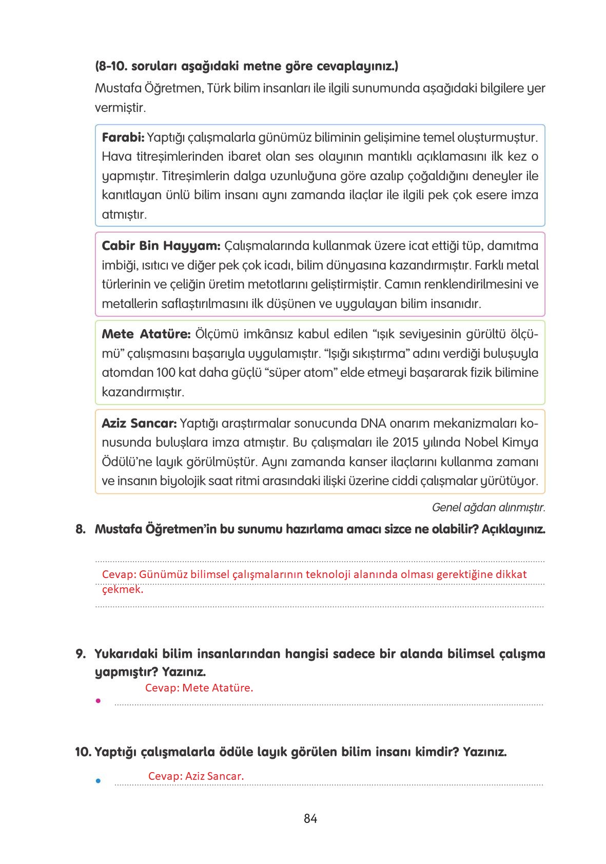 4. Sınıf Tuna Yayınları Türkçe Ders Kitabı Sayfa 84 Cevapları