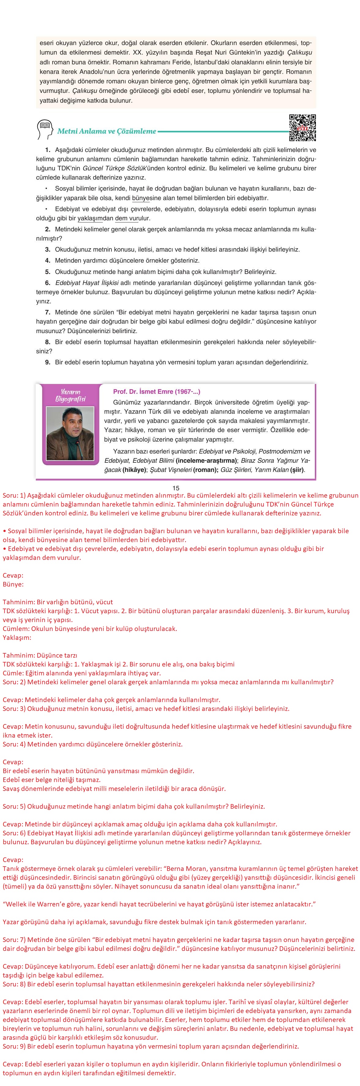 11. Sınıf Gizem Yayıncılık Edebiyat Ders Kitabı Sayfa 15 Cevapları