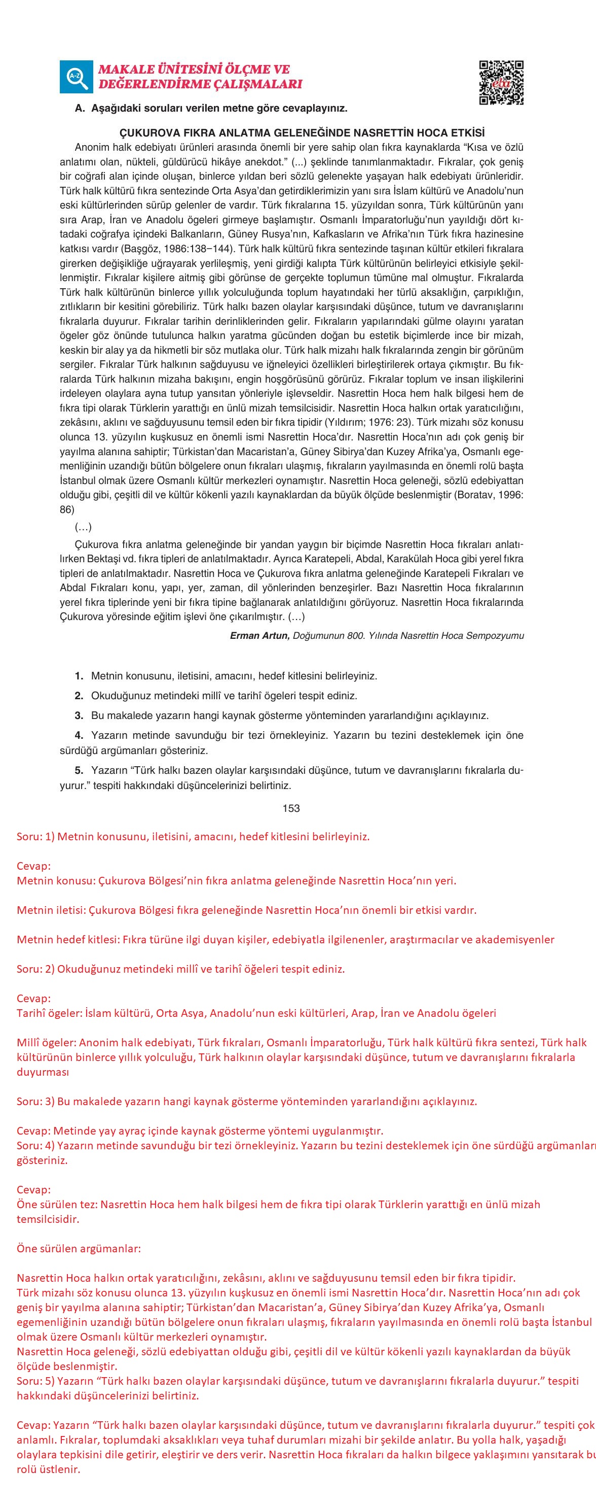 11. Sınıf Gizem Yayıncılık Edebiyat Ders Kitabı Sayfa 153 Cevapları