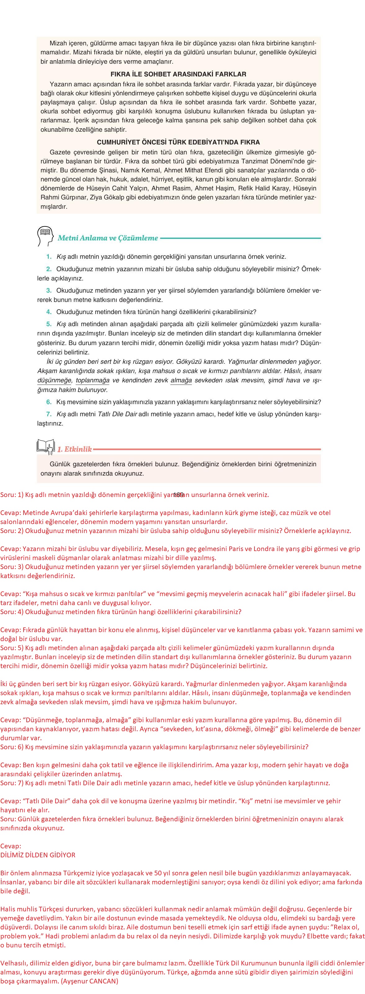 11. Sınıf Gizem Yayıncılık Edebiyat Ders Kitabı Sayfa 169 Cevapları