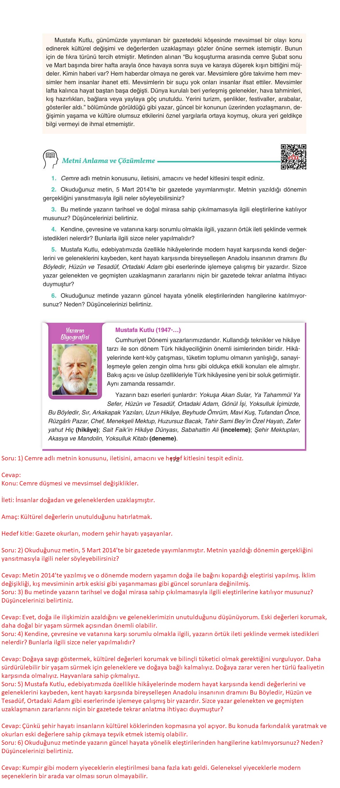 11. Sınıf Gizem Yayıncılık Edebiyat Ders Kitabı Sayfa 172 Cevapları