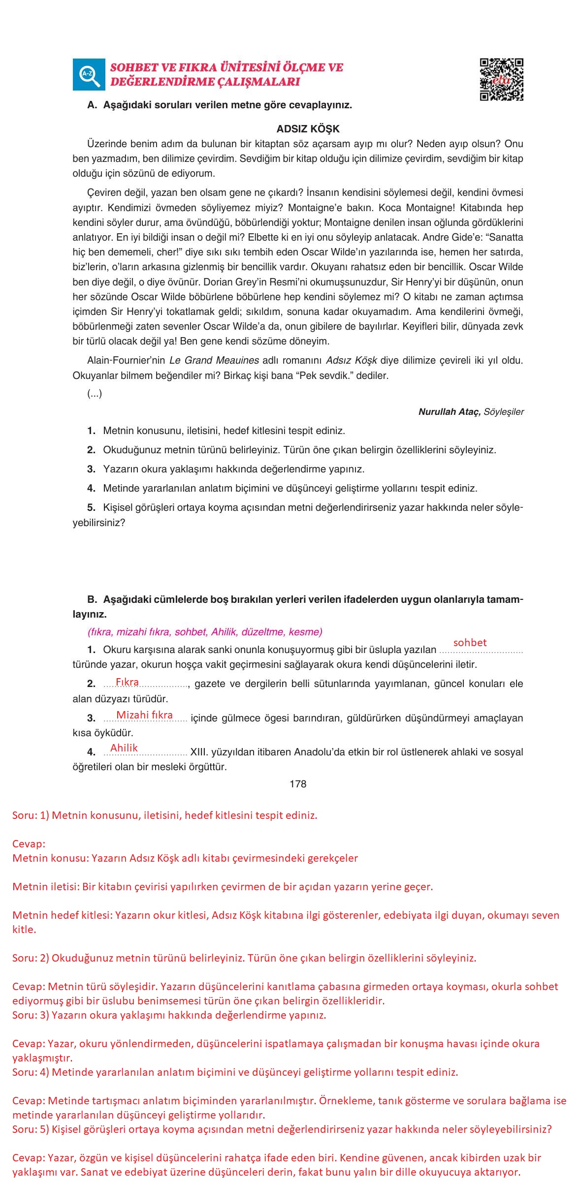11. Sınıf Gizem Yayıncılık Edebiyat Ders Kitabı Sayfa 178 Cevapları