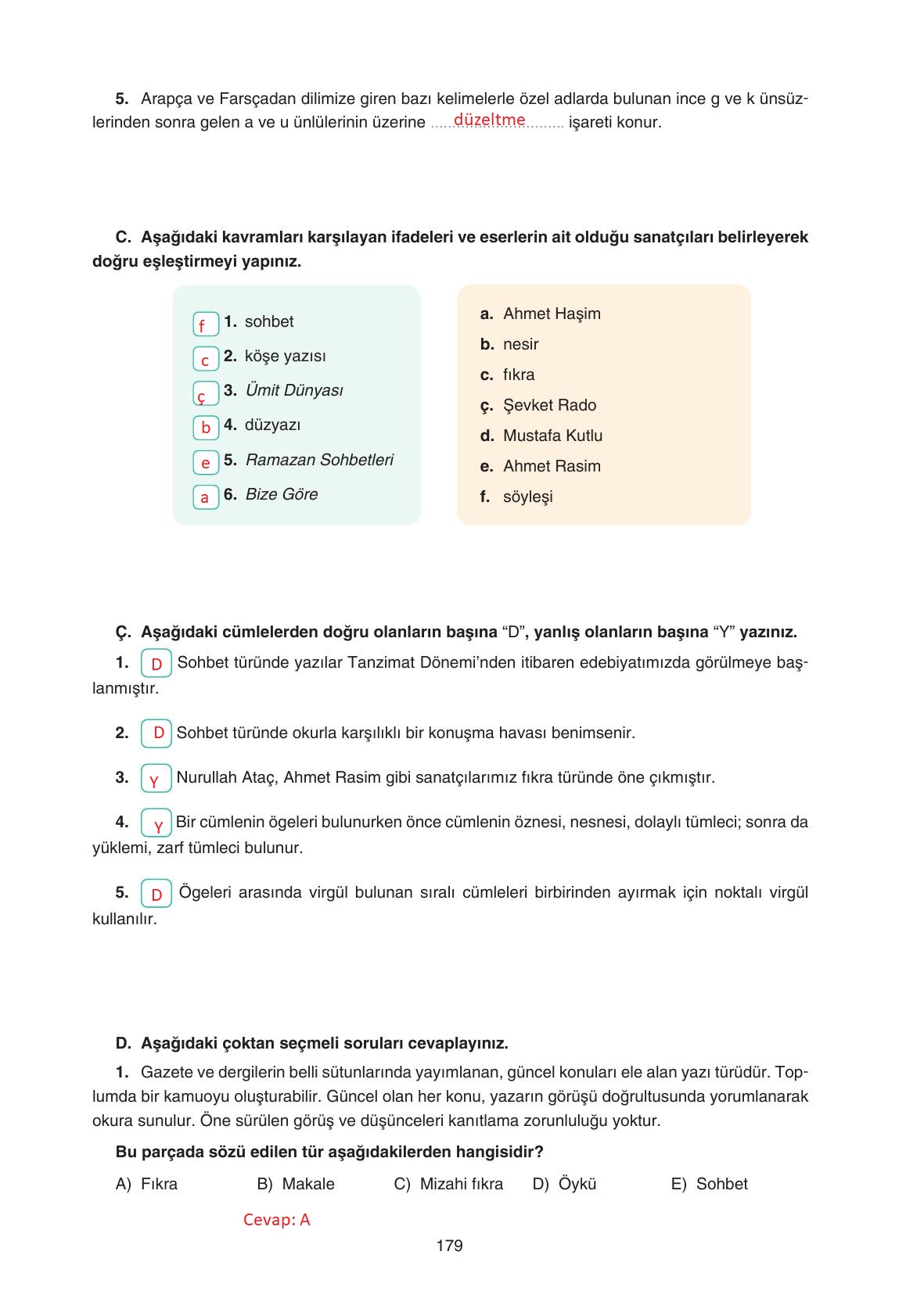 11. Sınıf Gizem Yayıncılık Edebiyat Ders Kitabı Sayfa 179 Cevapları