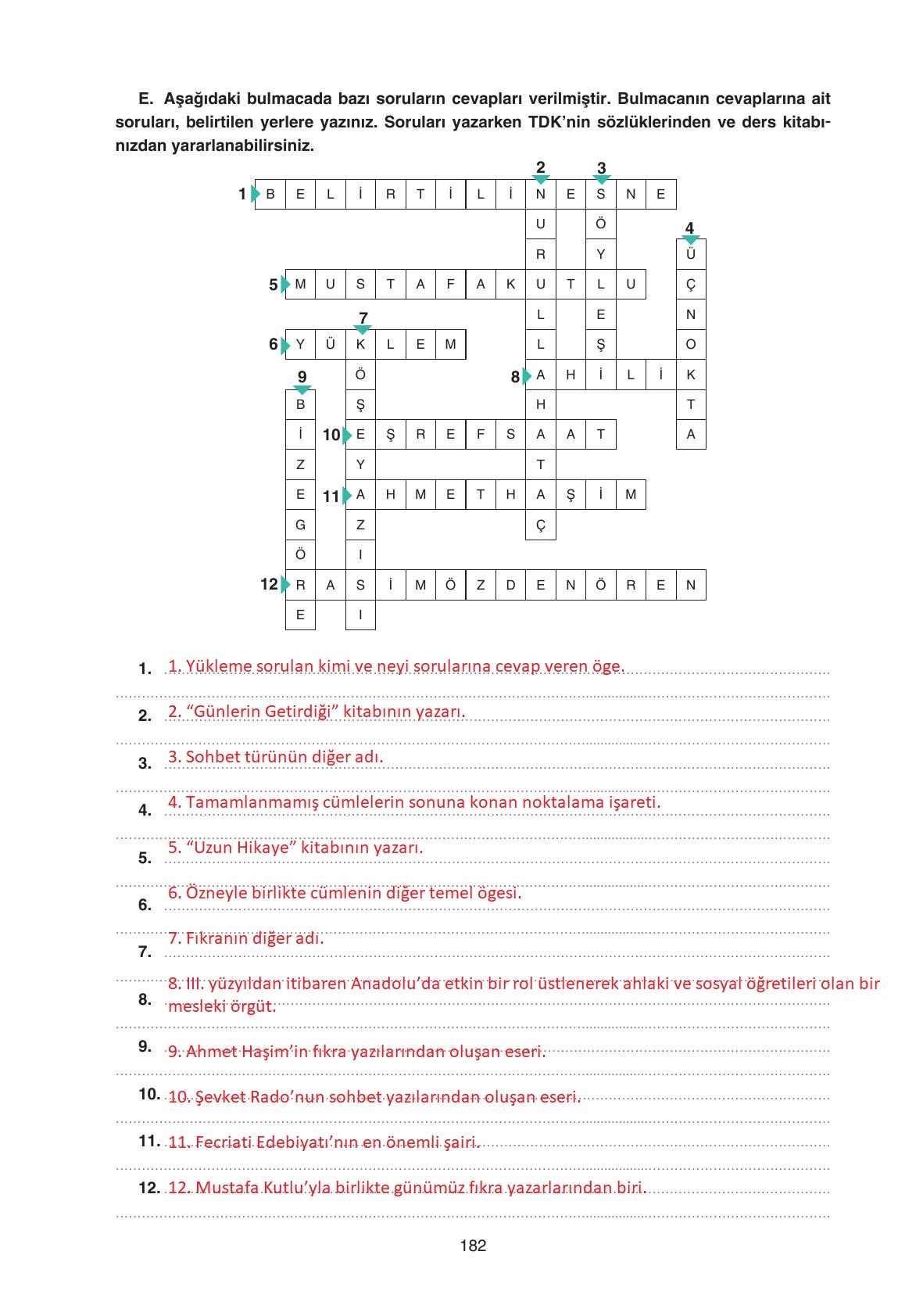 11. Sınıf Gizem Yayıncılık Edebiyat Ders Kitabı Sayfa 182 Cevapları