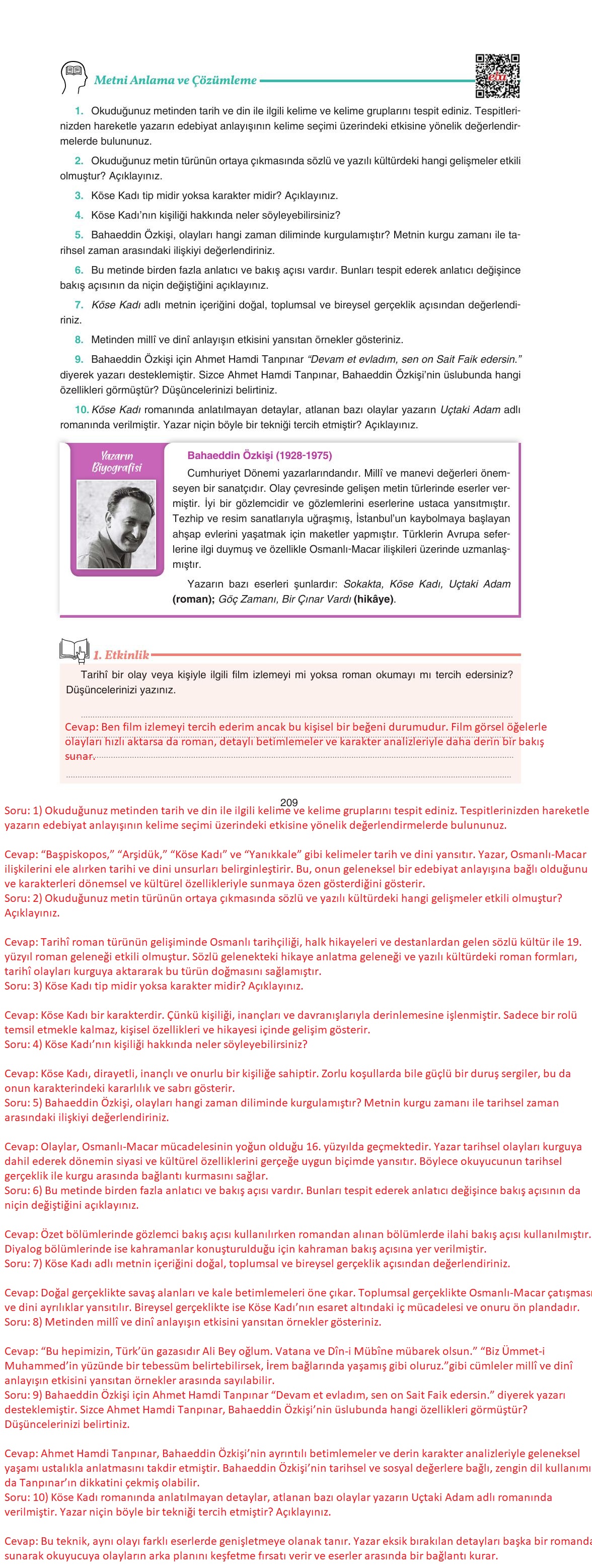 11. Sınıf Gizem Yayıncılık Edebiyat Ders Kitabı Sayfa 209 Cevapları