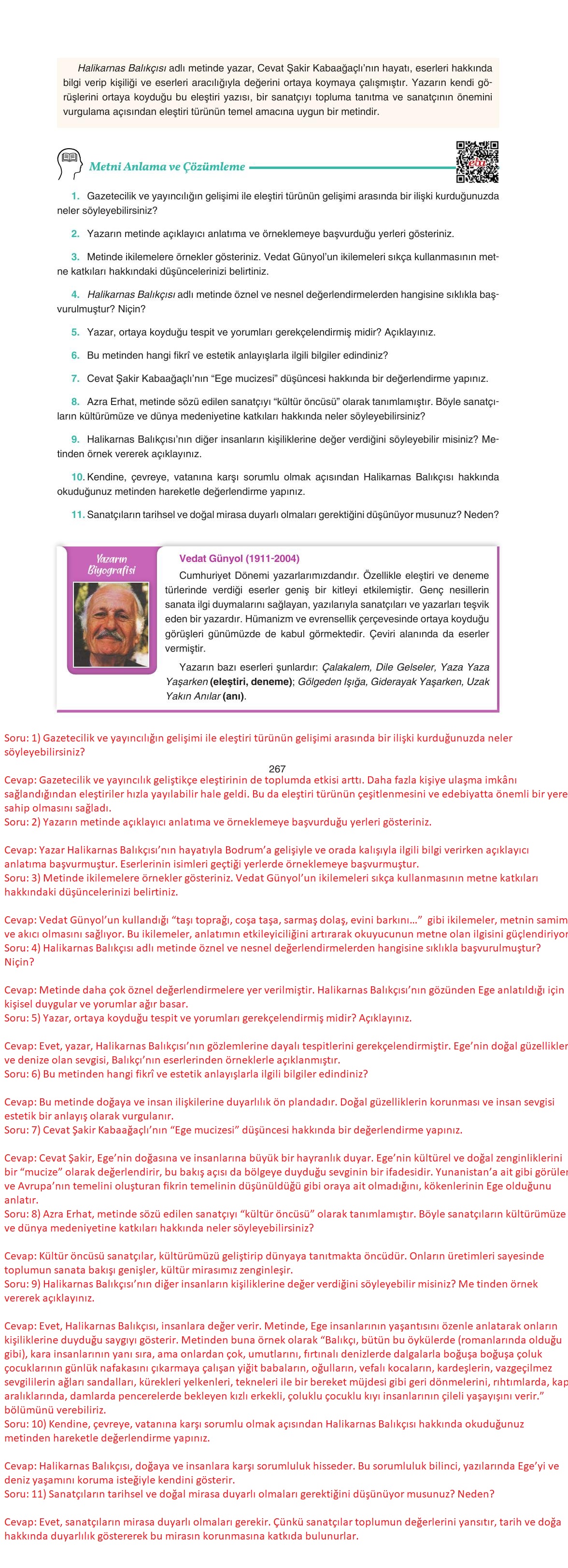 11. Sınıf Gizem Yayıncılık Edebiyat Ders Kitabı Sayfa 267 Cevapları