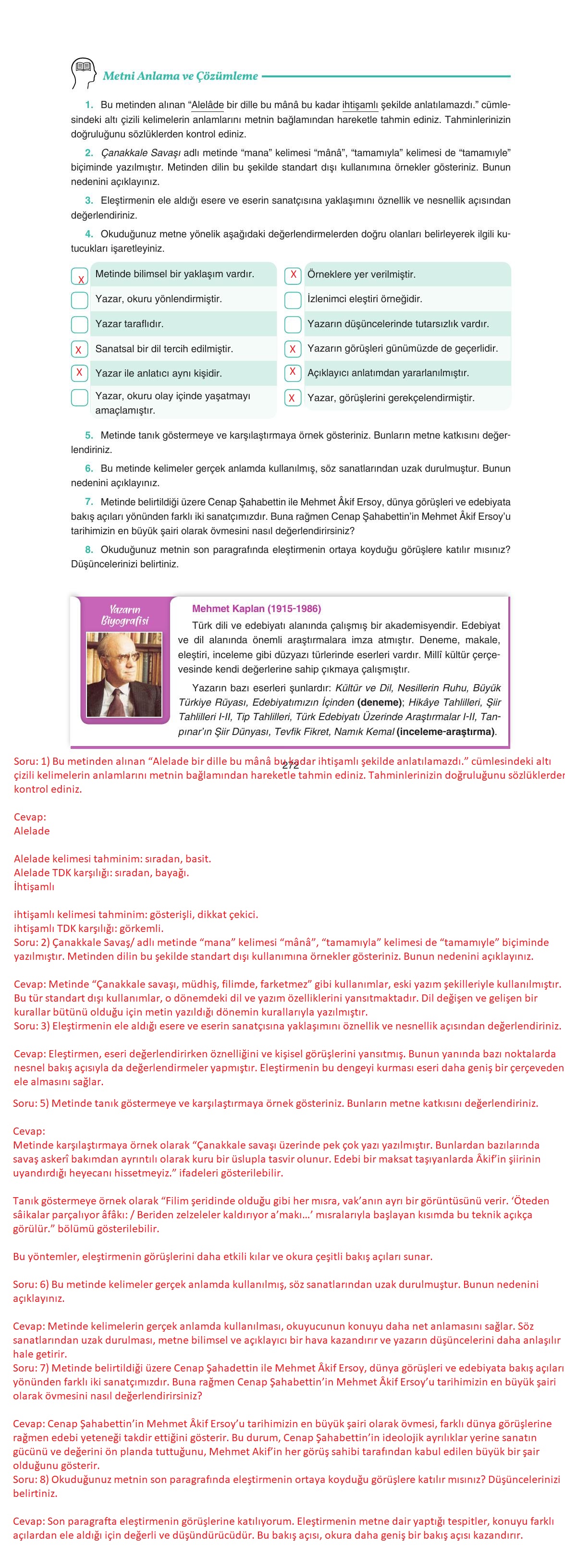 11. Sınıf Gizem Yayıncılık Edebiyat Ders Kitabı Sayfa 272 Cevapları