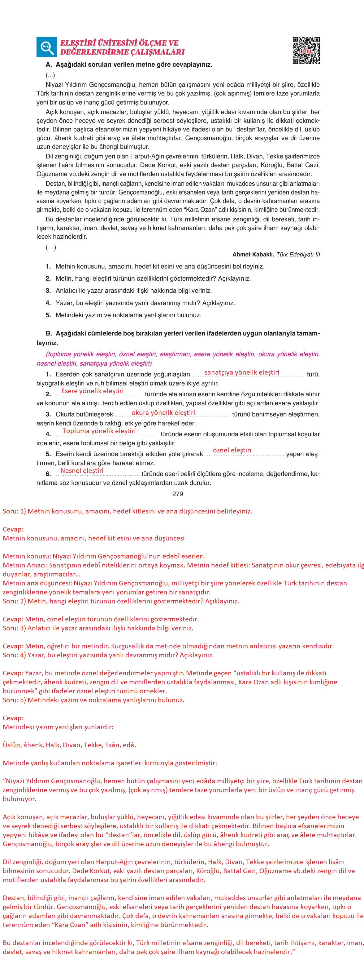 11. Sınıf Gizem Yayıncılık Edebiyat Ders Kitabı Sayfa 279 Cevapları