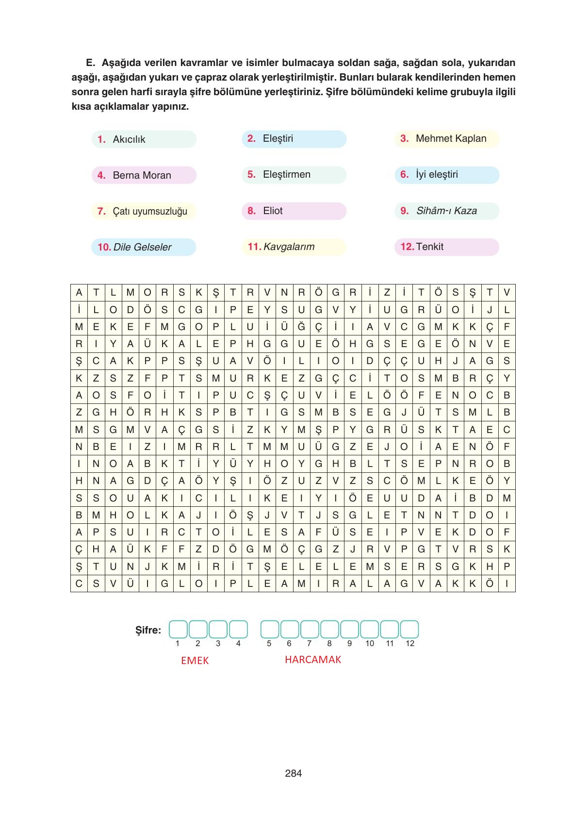 11. Sınıf Gizem Yayıncılık Edebiyat Ders Kitabı Sayfa 284 Cevapları