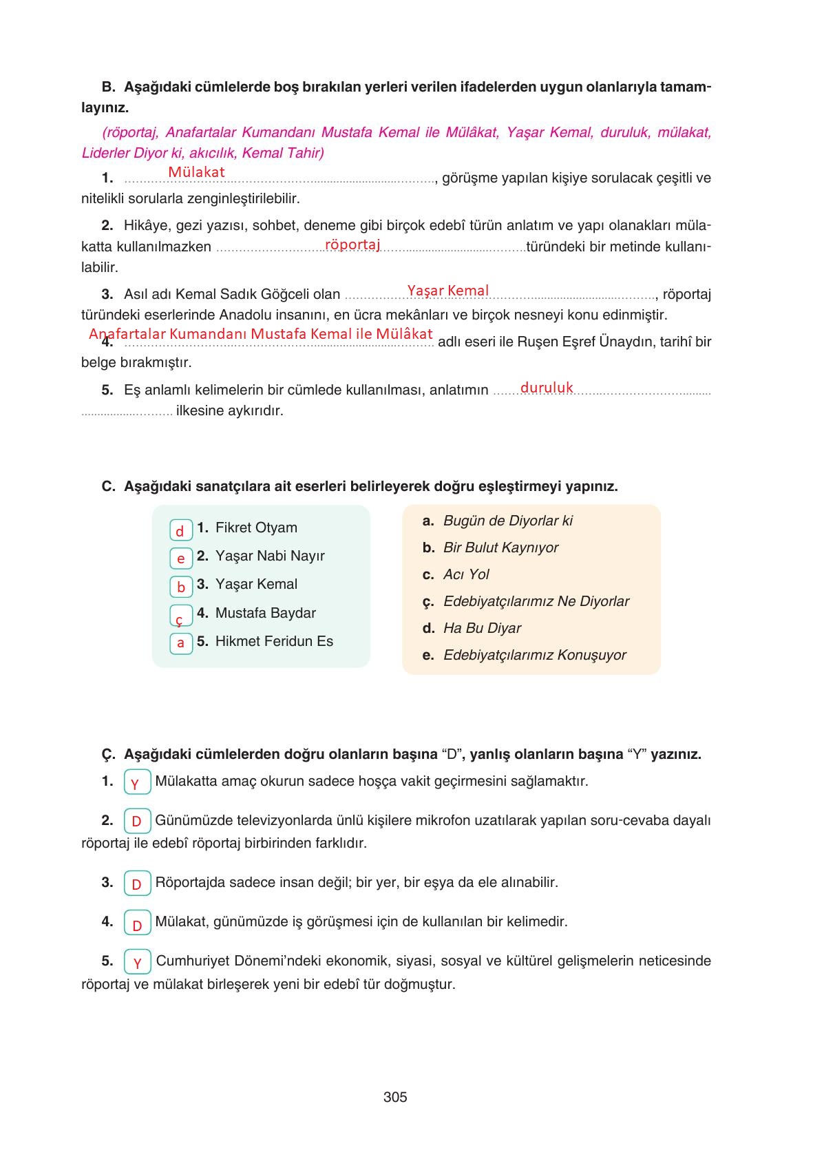11. Sınıf Gizem Yayıncılık Edebiyat Ders Kitabı Sayfa 305 Cevapları