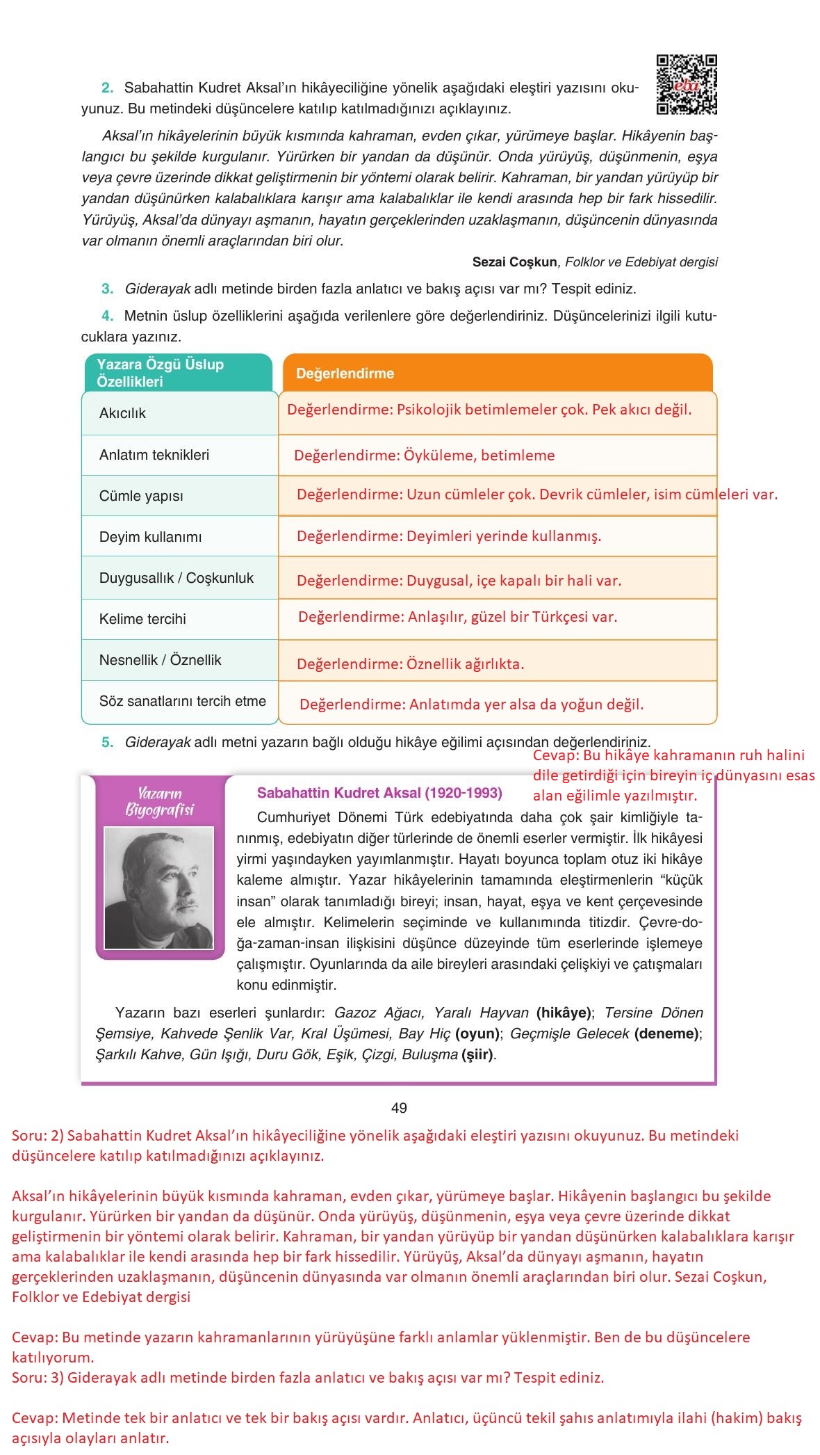 11. Sınıf Gizem Yayıncılık Edebiyat Ders Kitabı Sayfa 49 Cevapları