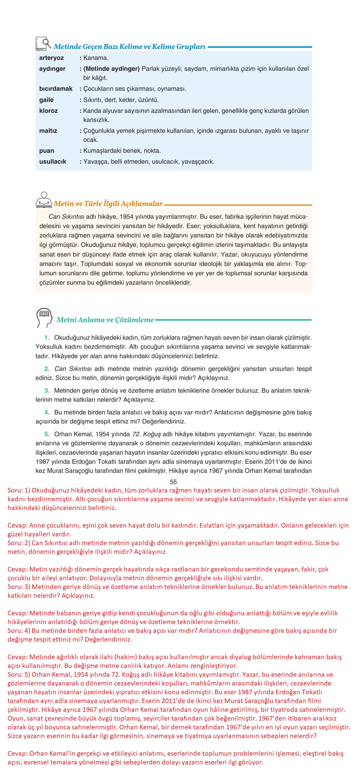 11. Sınıf Gizem Yayıncılık Edebiyat Ders Kitabı Sayfa 55 Cevapları