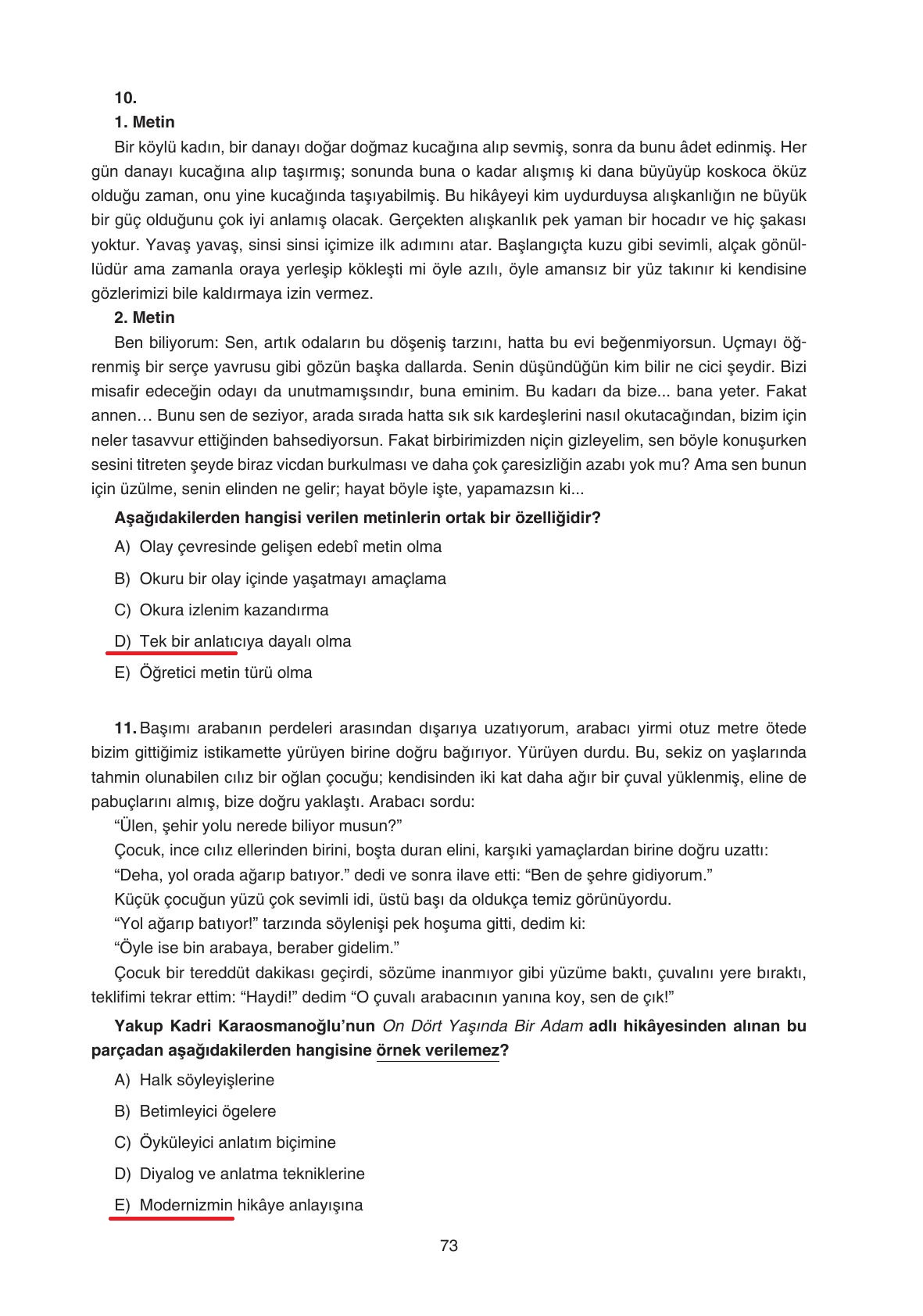 11. Sınıf Gizem Yayıncılık Edebiyat Ders Kitabı Sayfa 73 Cevapları