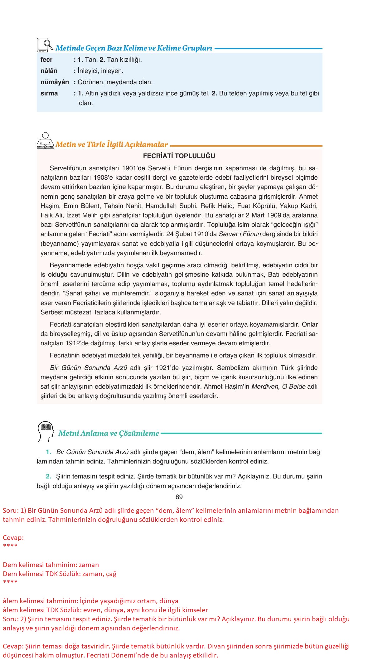 11. Sınıf Gizem Yayıncılık Edebiyat Ders Kitabı Sayfa 89 Cevapları
