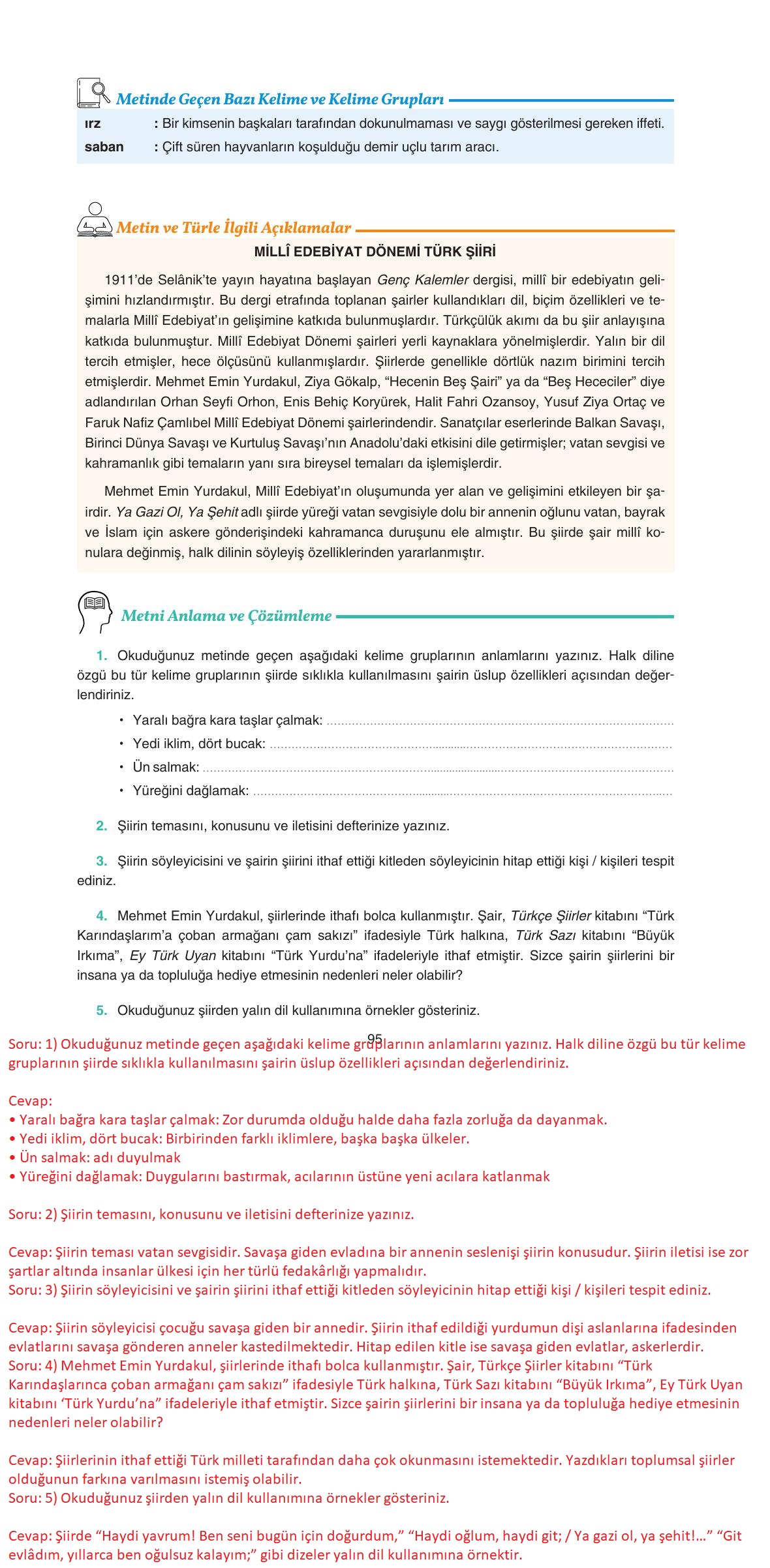 11. Sınıf Gizem Yayıncılık Edebiyat Ders Kitabı Sayfa 95 Cevapları