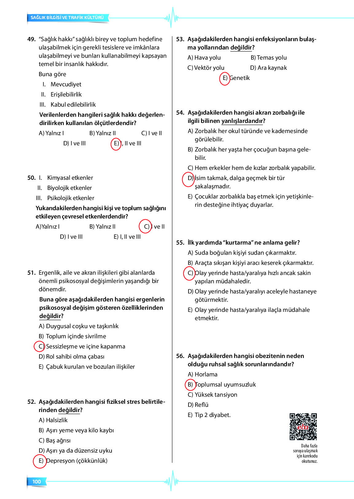 9. Sınıf Meb Yayınları Sağlık Bilgisi Ve Trafik Kültürü Ders Kitabı Sayfa 100 Cevapları