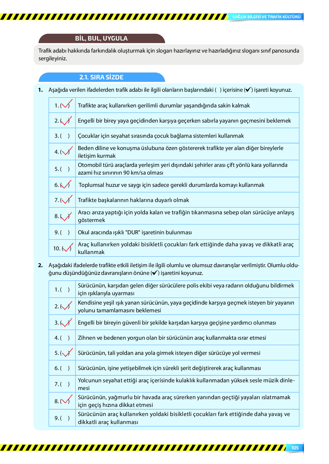 9. Sınıf Meb Yayınları Sağlık Bilgisi Ve Trafik Kültürü Ders Kitabı Sayfa 105 Cevapları