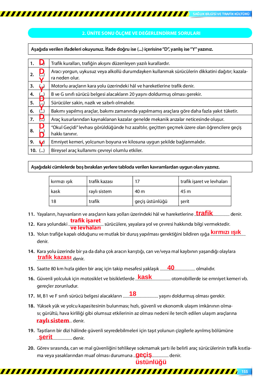 9. Sınıf Meb Yayınları Sağlık Bilgisi Ve Trafik Kültürü Ders Kitabı Sayfa 155 Cevapları
