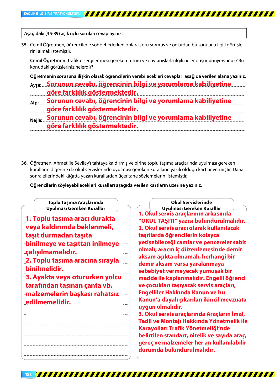 9. Sınıf Meb Yayınları Sağlık Bilgisi Ve Trafik Kültürü Ders Kitabı Sayfa 158 Cevapları