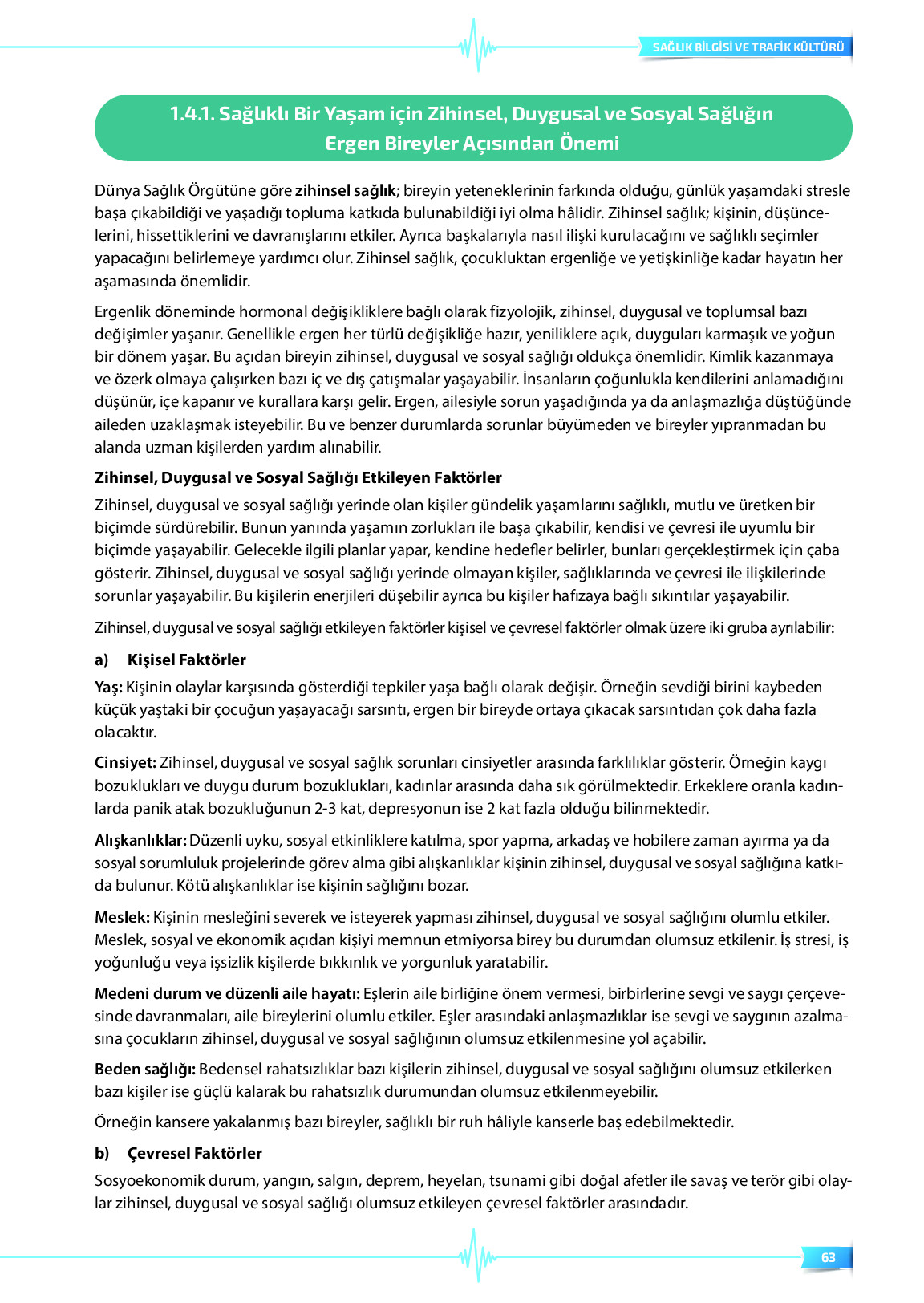 9. Sınıf Meb Yayınları Sağlık Bilgisi Ve Trafik Kültürü Ders Kitabı Sayfa 63 Cevapları