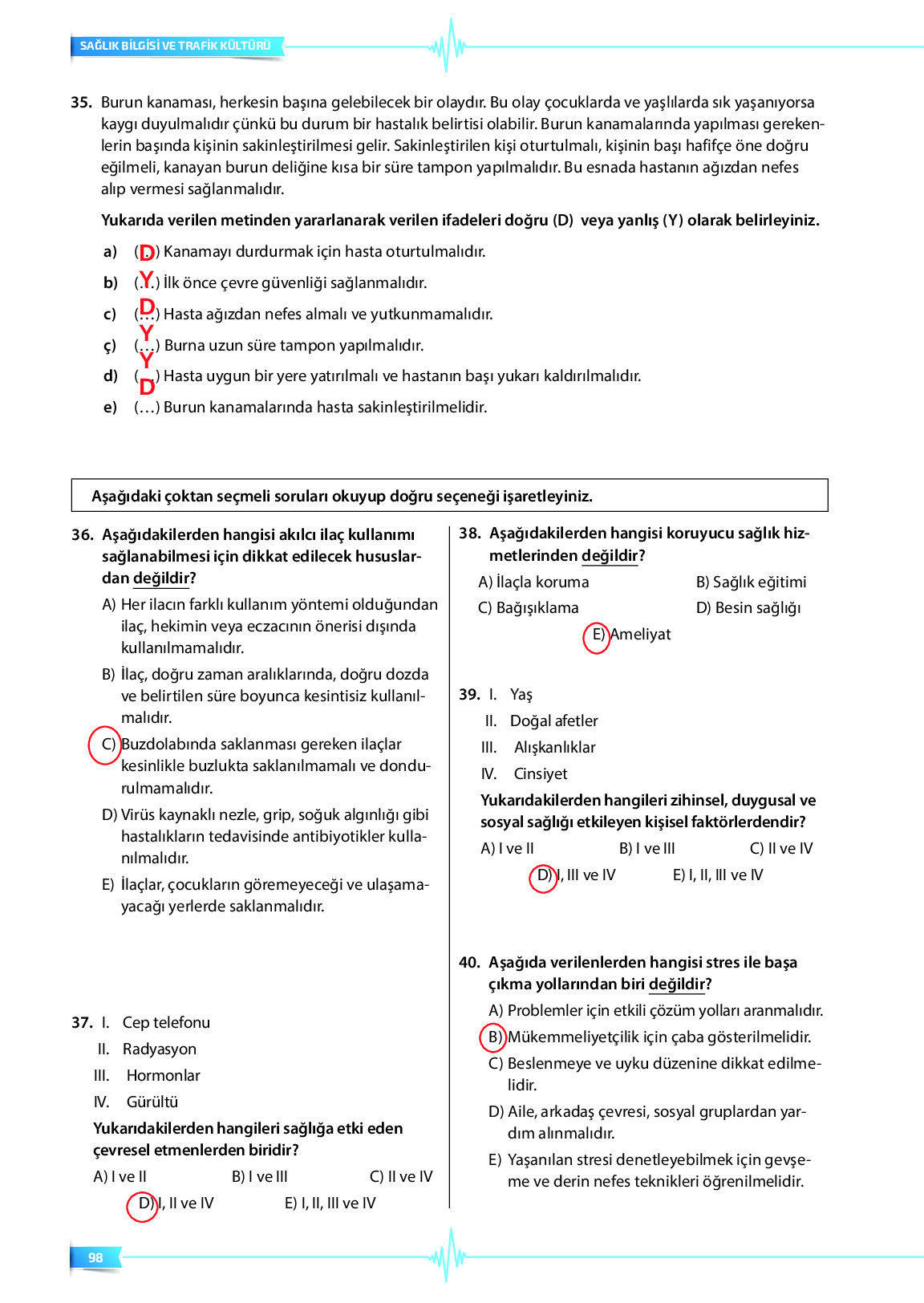 9. Sınıf Meb Yayınları Sağlık Bilgisi Ve Trafik Kültürü Ders Kitabı Sayfa 98 Cevapları