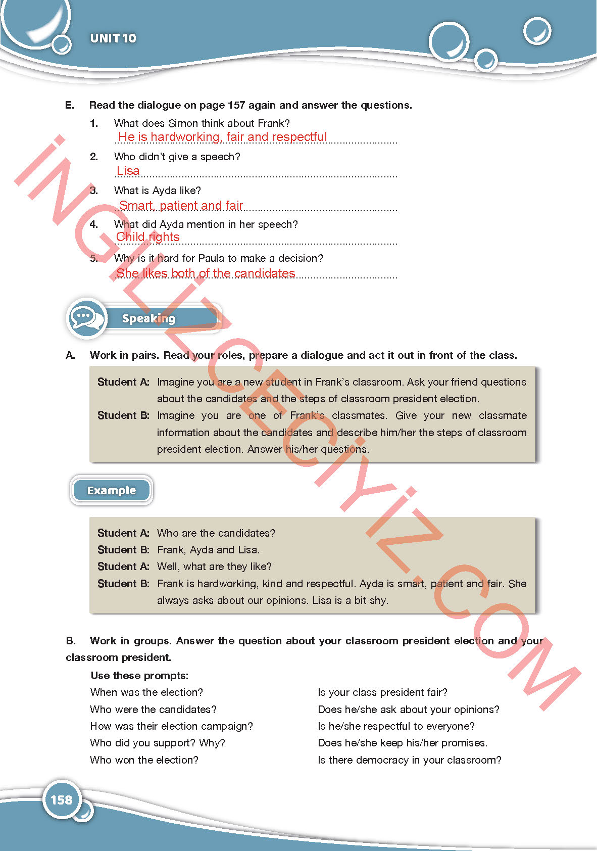 6. Sınıf Özgün Yayınları İngilizce Ders Kitabı Sayfa 158 Cevapları
