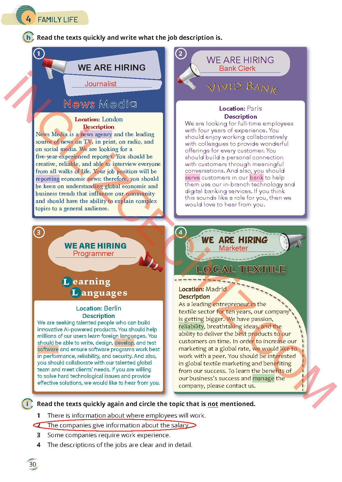 9. Sınıf Meb Yayınları İngilizce Çalışma Kitabı Sayfa 30 Cevapları