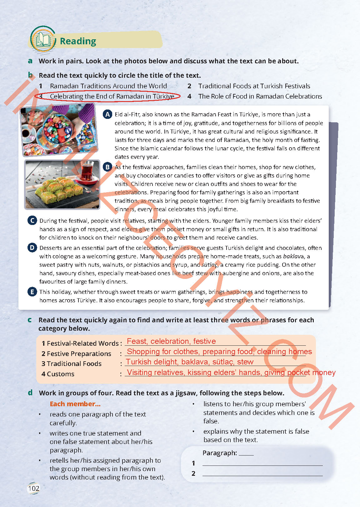 9. Sınıf Meb Yayınları İngilizce Ders Kitabı Sayfa 102 Cevapları