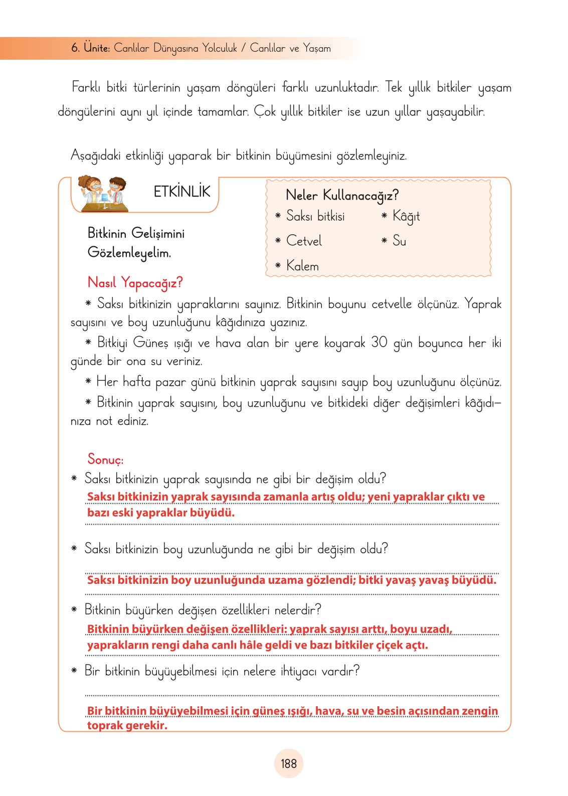 3. Sınıf Fen Bilimleri Ders Kitabı Cem Yayınları Sayfa 188 Cevapları
