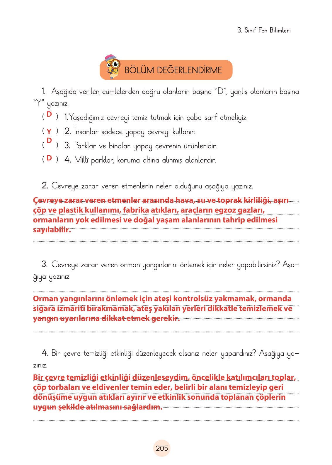 3. Sınıf Fen Bilimleri Ders Kitabı Cem Yayınları Sayfa 205 Cevapları
