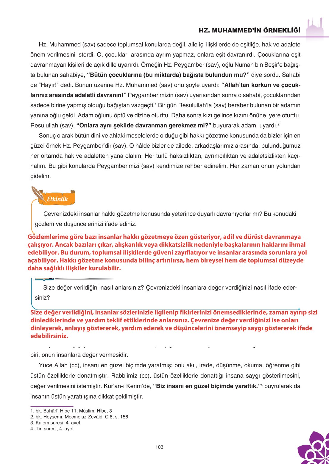 8. Sınıf Din Kültürü Ve Ahlak Bilgisi Ders Kitabı Sdr İpekyolu Yayınları Sayfa 103 Cevapları